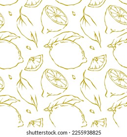Hand drawn outline lemon seamless pattern yellow on white background. Fruit vector graphic design for menu, package, kitchen textile.