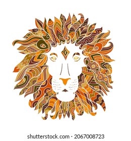 Hand drawn outline lion head decorated with abstract doodle zentangle ornaments. Sketch for your design