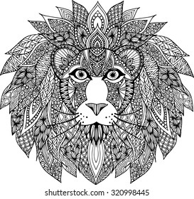 Hand drawn outline lion head illustration decorated with abstract doodle zentangle ornaments
