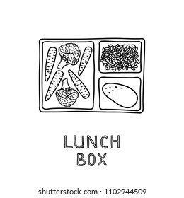 Hand drawn outline lunch box with vegetarian food including rice, broccoli, carrots and egg isolated on white background.