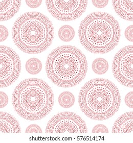Hand drawn outline mandala abstract seamless pattern red and white. Pattern can be used for fabric, wallpaper or wrapping paper.