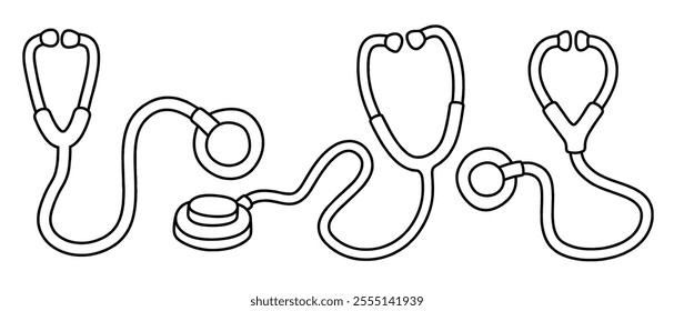 Hand drawn outline medical stethoscope. medical doodle set with art line style on isolated white background.