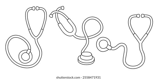 Hand drawn outline medical stethoscope. medical doodle set with art line style on isolated white background.