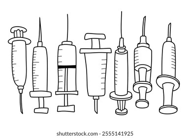 Hand drawn outline medical syringe. medical doodle set with art line style on isolated white background.