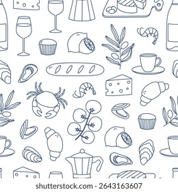 Hand drawn outline mediterranean food seamless pattern. Doodle drawing for print, menu design, poster, banner. Vector illustration