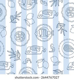 Hand drawn outline mediterranean food seamless pattern with blue strips. Doodle drawing for print, menu design, poster, banner. Vector illustration