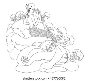 hand drawn outline mermaid