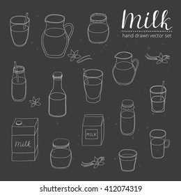 Hand drawn outline milk in different packages on the blackboard. Glass bottle, pitcher, jar, carton pack.