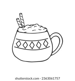 Hand drawn outline mug of hot chocolate or cocoa with marshmallows. Winter cozy doodle illustration. Seasonal warm drink. Design element for cafe menu, invitations, advertising, cards