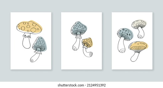 Hand drawn outline mushrooms poster set. Collection of contour wall art print with toadstool.