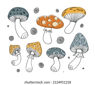 Hand drawn outline mushrooms vector set. Collection of sketch toadstool.