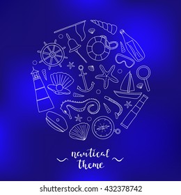 Hand drawn outline nautical items in circle with lettering. Sailboat, lighthouse, anchor, shell, starfish, compass, spyglass, wheel, lifebuoy, loupe, pearl, snorkel, mask, seahorse, sailor suite.