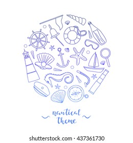 Hand drawn outline nautical items in circle with lettering. Sailboat, lighthouse, anchor, shell, starfish, compass, spyglass, wheel, lifebuoy, loupe, pearl, snorkel, mask, seahorse, sailor suite.