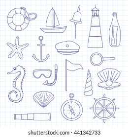 Hand drawn outline nautical items on graph paper background. Sailboat, lighthouse, anchor, shell, starfish, compass, spyglass, wheel, lifebuoy, loupe, pearl, snorkel, mask, seahorse, sailor suite.