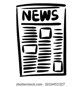 Hand drawn outline of a newspaper icon in doodle style. black and white sketch features a daily newspaper with bold NEWS headline, articles, and images represented by abstract lines.