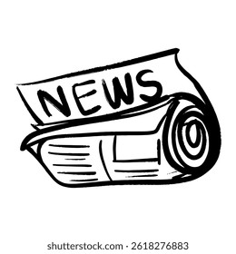 Esquema desenhado à mão de um ícone de jornal em estilo doodle. esboço preto e branco apresenta um jornal diário com manchete negrito NEWS, artigos e imagens representadas por linhas abstratas.