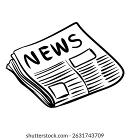 Hand drawn outline of a newspaper icon in doodle style. black and white sketch features a daily newspaper with bold NEWS headline, articles, and images represented by abstract lines.