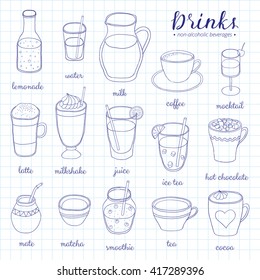 Hand drawn outline non-alcoholic drinks on graph paper background. Lemonade, water, milk, coffee, mocktail, latte, milkshake, juice, ice tea, chocolate, mate, matcha, smoothie, cocoa.