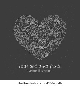 Hand drawn outline nuts and dried fruits composed in heart shape. Pecan, cashew, almond, brazil, pistachio, macadamia, hazelnut, walnut, peanut, fig, pineapple, cherry, strawberry, goji.