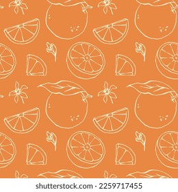 Hand drawn outline oranges seamless pattern with flowers, leaves and orange slices. Vector graphic summer fruit background design for menu, package, kitchen textile, wrapping paper.