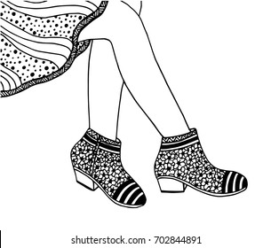 Hand drawn outline ornamental boots shoe illustration