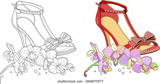 Hand drawn outline ornamental high heel shoe illustration. Nearby is an orchid flower. Zen art style illustration. Colouring page for adult coloring book with sample.