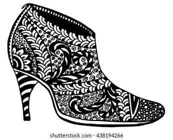 Hand drawn outline ornamental high heel shoe illustration