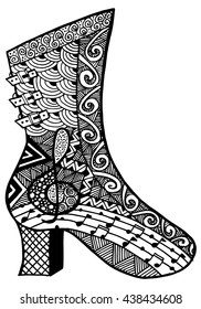 Hand drawn outline ornamental high heel shoe illustration. Abstract doodle ornate fashion high heel drawing