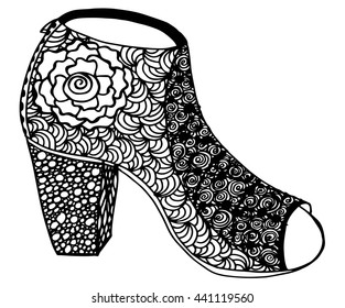 Hand drawn outline ornamental high heel shoe illustration. Abstract doodle ornate fashion high heel drawing