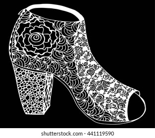Hand drawn outline ornamental high heel shoe illustration. Abstract doodle ornate fashion high heel drawing