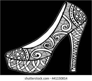 Hand drawn outline ornamental high heel shoe illustration