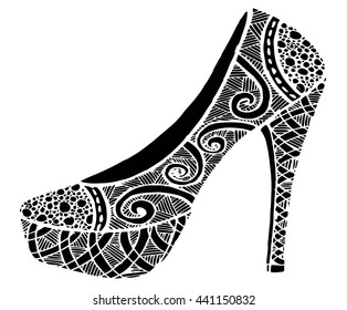 Hand drawn outline ornamental high heel shoe illustration