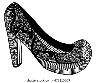 Hand drawn outline ornamental high heel shoe illustration