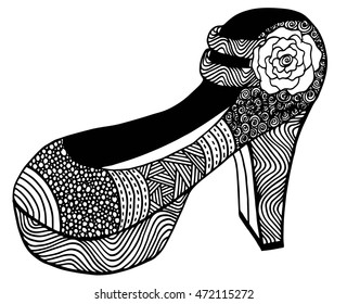 Hand drawn outline ornamental high heel shoe illustration