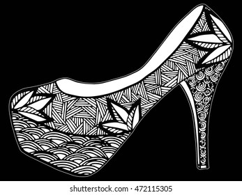 Hand drawn outline ornamental high heel shoe illustration