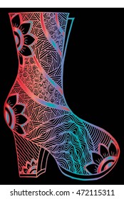 Hand drawn outline ornamental high heel shoe illustration. Abstract doodle ornate fashion high heel drawing