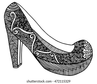Hand drawn outline ornamental high heel shoe illustration