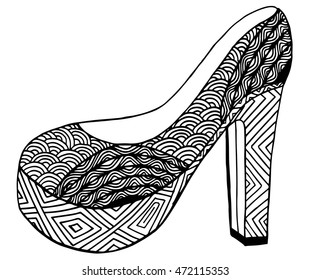 Hand drawn outline ornamental high heel shoe illustration