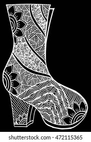 Hand drawn outline ornamental high heel shoe illustration. Abstract doodle ornate fashion high heel drawing