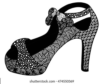 Hand drawn outline ornamental high heel shoe illustration