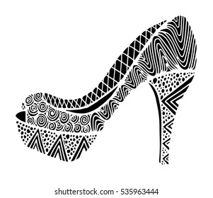 Hand drawn outline ornamental high heel shoe illustration