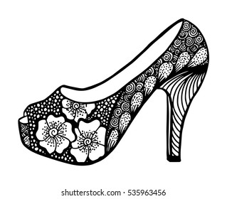 Hand drawn outline ornamental high heel shoe illustration