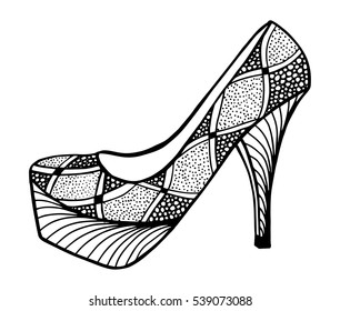 Hand drawn outline ornamental high heel shoe illustration