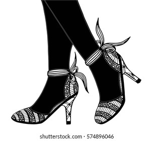 Hand drawn outline ornamental high heel shoe illustration