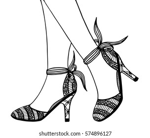 Hand drawn outline ornamental high heel shoe illustration