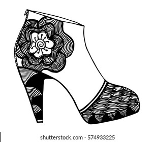 Hand drawn outline ornamental high heel shoe illustration