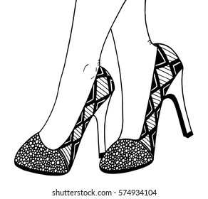 Hand drawn outline ornamental high heel shoe illustration
