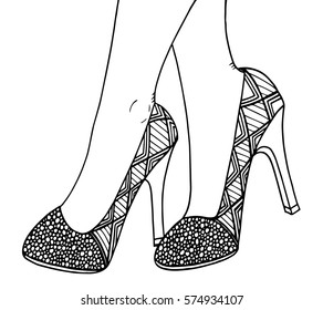 Hand drawn outline ornamental high heel shoe illustration