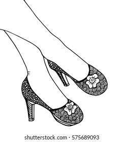 Hand drawn outline ornamental high heel shoe illustration