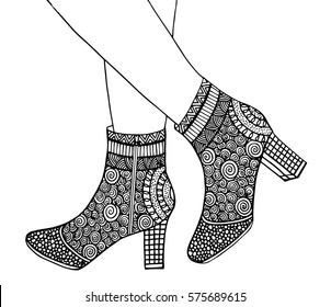 Hand drawn outline ornamental high heel shoe illustration